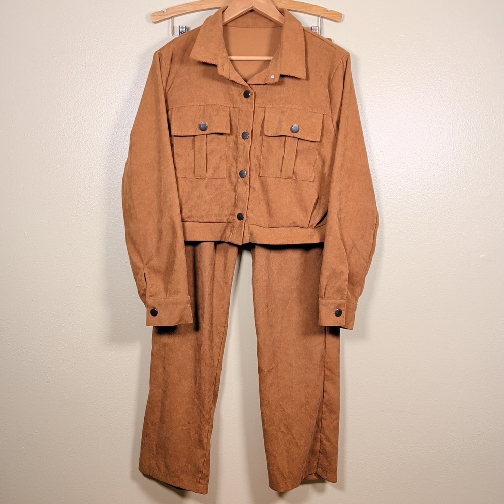 Women's Shein Sz Large 8/10 Brown Corduroy Jacket & Pants Set W Pockets
